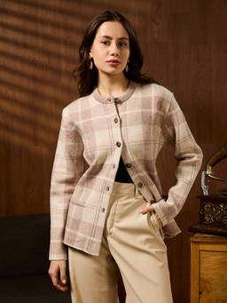 Globus - Beige Long Sleeves Checkered Solid/Plain Acrylic Wintercoat