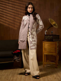 Globus - Beige Floral Self Design Front Pockets Acrylic Longline Wintercoat