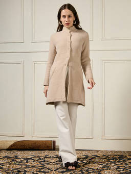 Globus - Beige Striped Solid/Plain Front Pockets Acrylic Longline Wintercoat