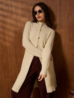 Globus - Off White Long Sleeves Solid/Plain Acrylic Longline Wintercoat