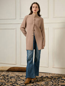 Globus - Brown Long Sleeves Solid/Plain Acrylic Longline Wintercoat