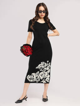 Globus - Black Round Neck Short Sleeves Acrylic Floral Midi Bodycon Dress