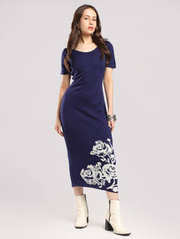 Globus - Blue Round Neck Short Sleeves Acrylic Floral Midi Bodycon Dress
