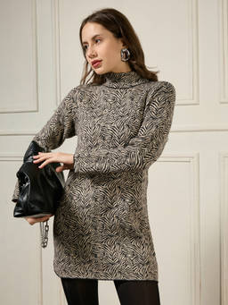 Globus - Black High Neck Acrylic Straight Fit Winterwear Dress