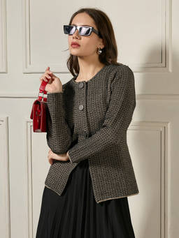 Globus - Black Acrylic Self Design Round Neck Full Sleeves Cardigan