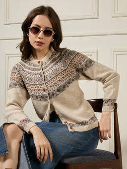 Globus - Beige Acrylic Geometric Mandarin Neck Full Sleeves Cardigan