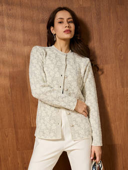 Globus - Off White Acrylic Floral Mandarin Neck Full Sleeves Cardigan