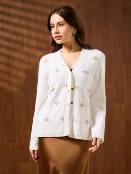 Globus - Off White Acrylic Floral V-Neck Full Sleeves Cardigan