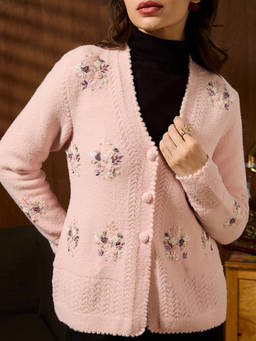 Globus - Pink Acrylic Floral V-Neck Full Sleeves Cardigan