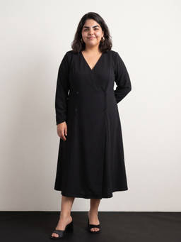 Globus - Black Hong Button Double Breasted Midi Wrap Formal Plus Size Dress