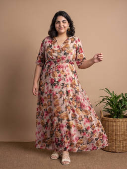 Globus - Pink Floral Print Flared Hem Maxi Fit & Flare Plus Size Dress