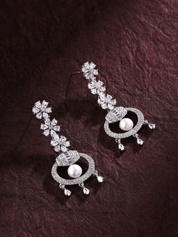 Priyaasi - American Diamond & Pearl Adorned Silver-Plated Earrings