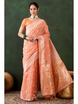 Mysilklove - Plum Peach Woven Cotton Saree with Unstitched Blouse