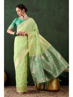 Mysilklove - Pistachio Green Woven Cotton Saree with Unstitched Blouse