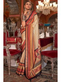 Mysilklove - Butter Cream Printed Patola Saree with Unstitched Blouse