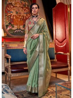 Mysilklove - Olive Green Chiffon Silk Saree with Unstitched Blouse