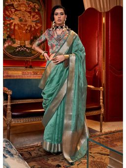 Mysilklove - Fern Green Chiffon Silk Saree with Unstitched Blouse