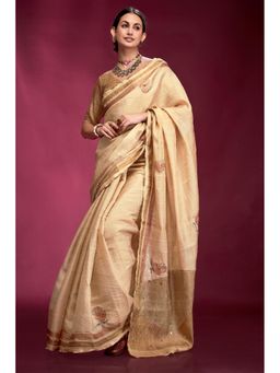 Mysilklove - Butter Cream Woven Tussar Silk Saree with Unstitched Blouse