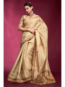 Mysilklove - Bright Cream Woven Tussar Silk Saree with Unstitched Blouse