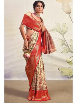 Mysilklove - Brandy Cream and Red Woven Banarasi Saree with Unstitched Blouse