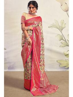 Mysilklove - Chestnut Pink and Cream Woven Banarasi Saree with Unstitched Blouse