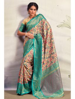 Mysilklove - Tradewinds Blue and Cream Woven Banarasi Saree with Unstitched Blouse