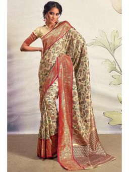 Mysilklove - Sorrell Brown and Cream Woven Banarasi Saree with Unstitched Blouse