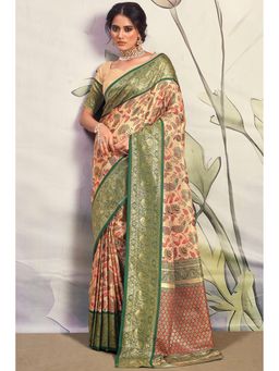 Mysilklove - Finlandia Green and Cream Woven Banarasi Saree with Unstitched Blouse