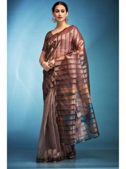 Mysilklove - Beaver Brown Printed Tissue Saree with Unstitched Blouse