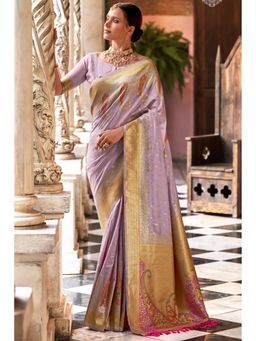 Mysilklove - Smokey Purple Banarasi Soft Silk Saree with Unstitched Blouse