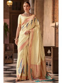 Mysilklove - Twine Gold Banarasi Soft Silk Saree with Unstitched Blouse