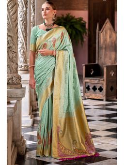 Mysilklove - Pine Green Banarasi Soft Silk Saree with Unstitched Blouse