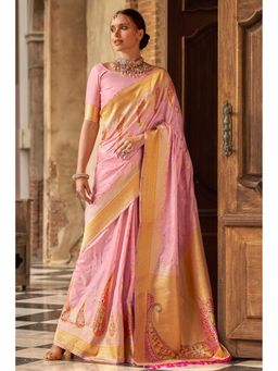 Mysilklove - Shilo Pink Banarasi Soft Silk Saree with Unstitched Blouse