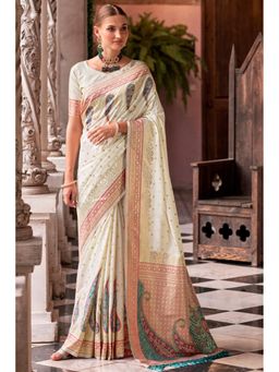 Mysilklove - Ice White Banarasi Soft Silk Saree with Unstitched Blouse