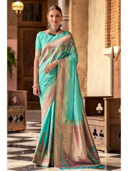 Mysilklove - Sky Blue Banarasi Soft Silk Saree with Unstitched Blouse
