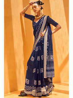 Mysilklove - Bleached Navy Blue Georgette Printed Saree with Unstitched Blouse