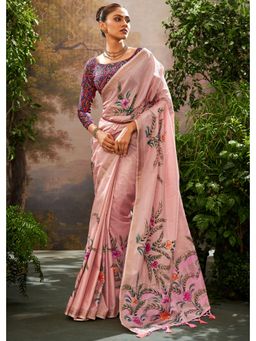 Mysilklove - Taffy Pink Hand Painted Linen Silk Saree with Unstitched Blouse