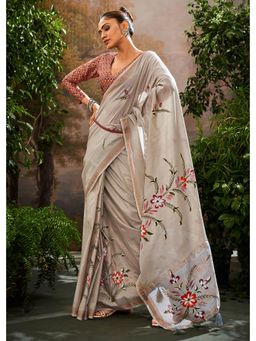 Mysilklove - Lead Grey Hand Painted Linen Silk Saree with Unstitched Blouse