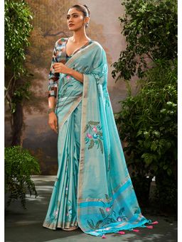 Mysilklove - Artic Blue Hand Painted Linen Silk Saree with Unstitched Blouse