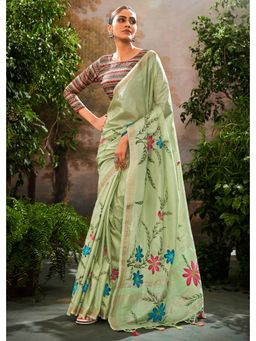 Mysilklove - Tea Green Hand Painted Linen Silk Saree with Unstitched Blouse