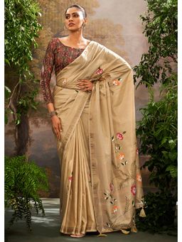 Mysilklove - Egg Shell Cream Hand Painted Linen Silk Saree with Unstitched Blouse