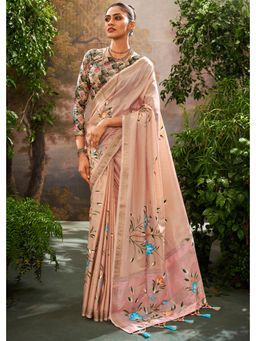 Mysilklove - Carnival Pink Hand Painted Linen Silk Saree with Unstitched Blouse