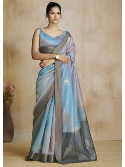 Mysilklove - Stone Blue and Grey Tissue Woven Soft Silk Saree with Unstitched Blouse
