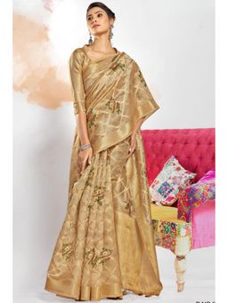 Mysilklove - Tussock Beige Digital Printed Banarasi Saree with Unstitched Blouse