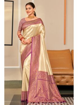 Mysilklove - Butter Cream Zari Woven Kanjivaram Saree with Unstitched Blouse