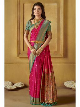 Mysilklove - Cherrywood Pink Woven Paithani Saree with Unstitched Blouse