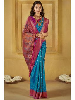 Mysilklove - Boston Blue Woven Paithani Saree with Unstitched Blouse