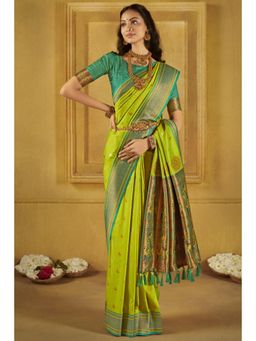 Mysilklove - Parrot Green Woven Paithani Saree with Unstitched Blouse