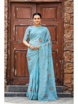Mysilklove - Rainy Blue Embroidered Chiffon Silk Saree with Unstitched Blouse