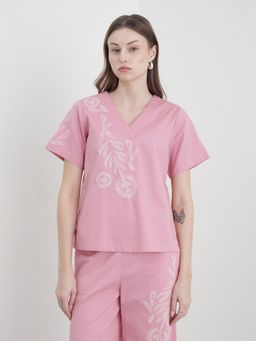 ELLE - Pink V-Neck Half Sleeves Relaxed Floral Detail Top